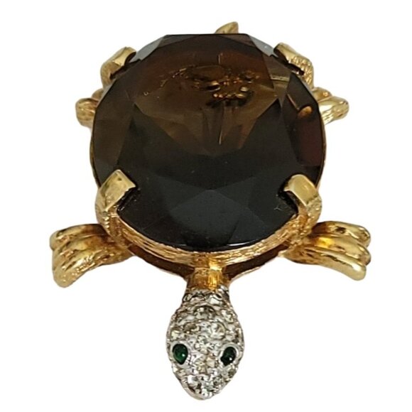 Panetta Gold Tone Smoky Faceted Rhinestone Glass Turtle Brooch M1030